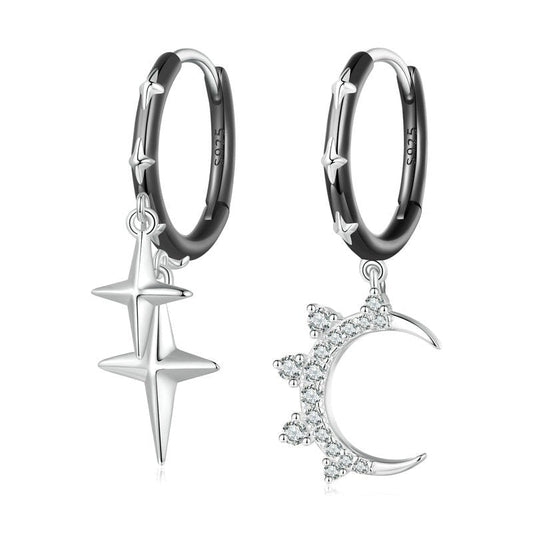 Punk Star & Moon Ear Buckles Asymmetric Hoop Earrings-Black Diamonds New York