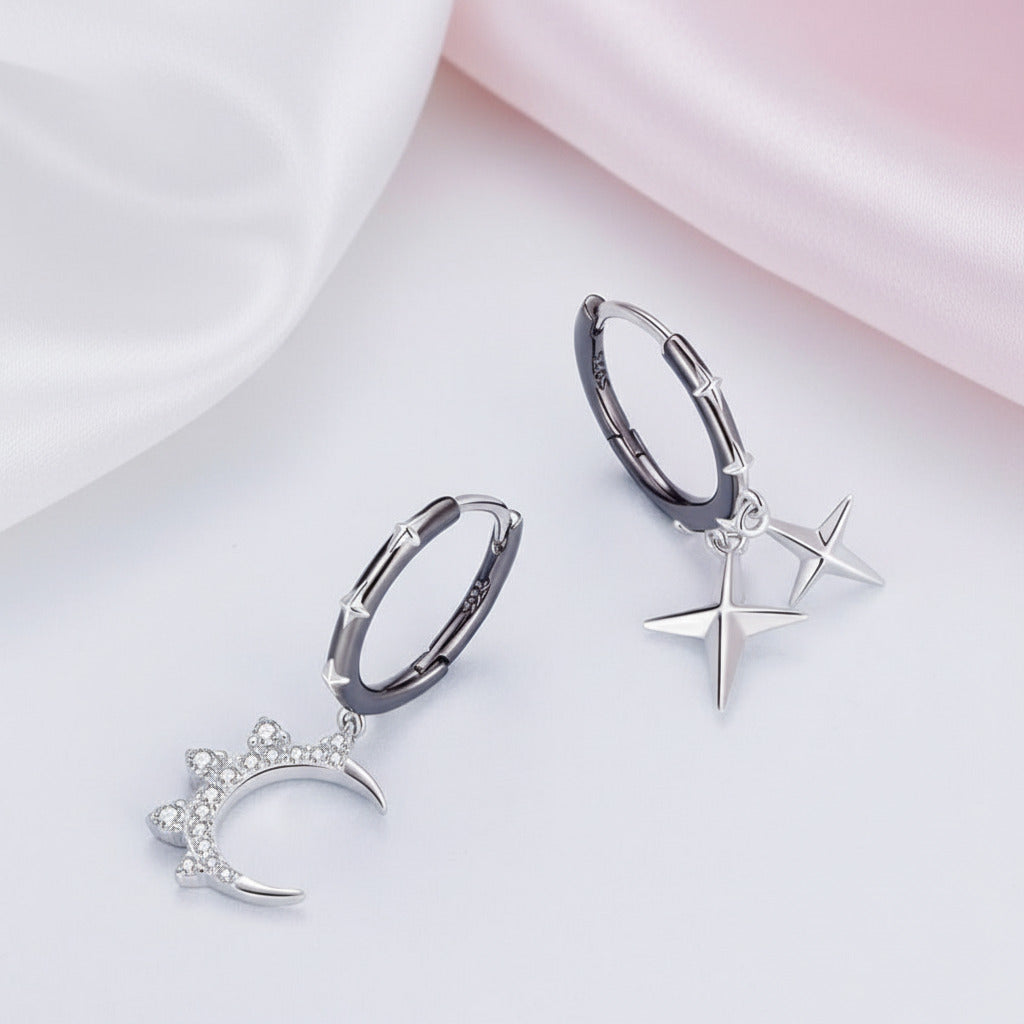 Punk Star & Moon Ear Buckles Asymmetric Hoop Earrings-Black Diamonds New York
