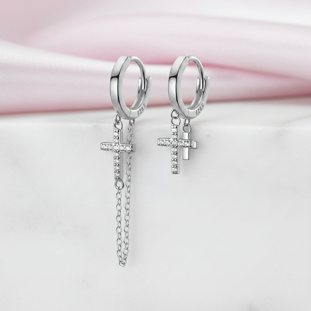 Punk Diamond Option Cross Chain Hoop Earrings-Black Diamonds New York