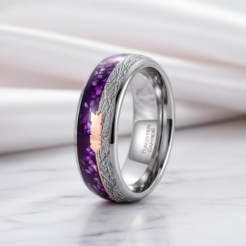 Purple Agate Meteorites Men's Tungsten Wedding Band-Black Diamonds New York