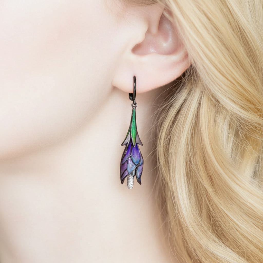 Purple Enamel Flower Drop Earrings-Black Diamonds New York