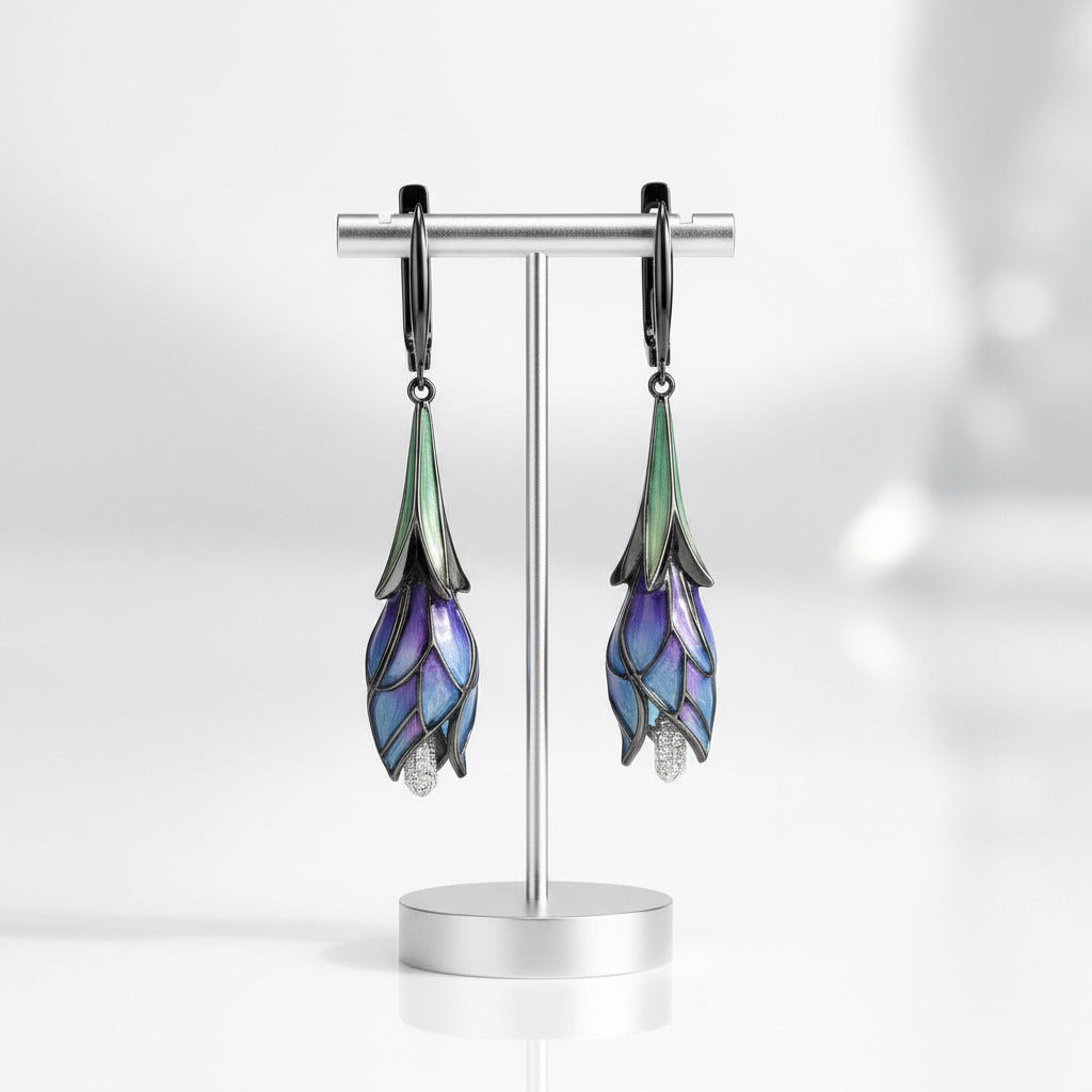 Purple Enamel Flower Drop Earrings-Black Diamonds New York