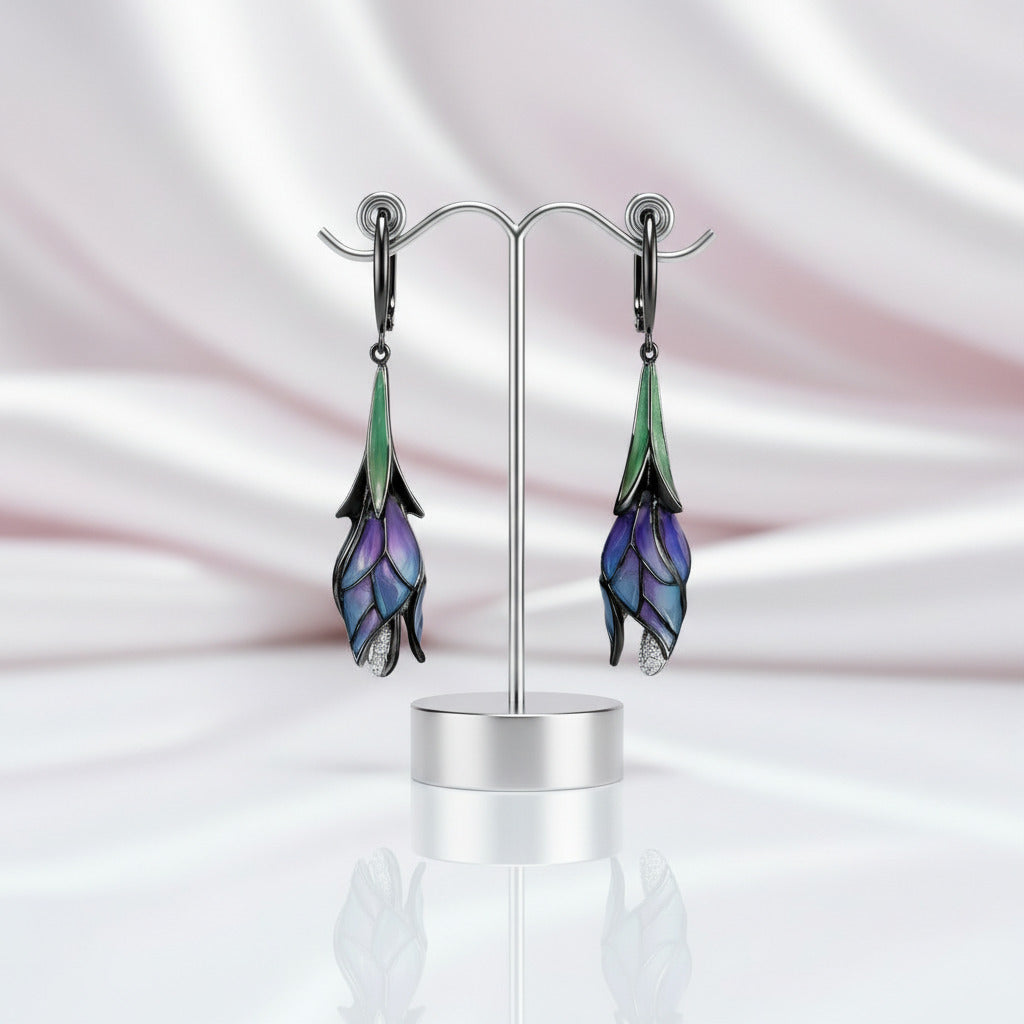 Purple Enamel Flower Drop Earrings-Black Diamonds New York
