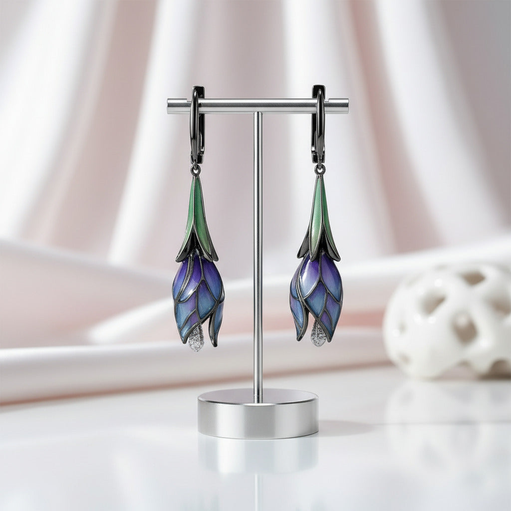 Purple Enamel Flower Drop Earrings-Black Diamonds New York
