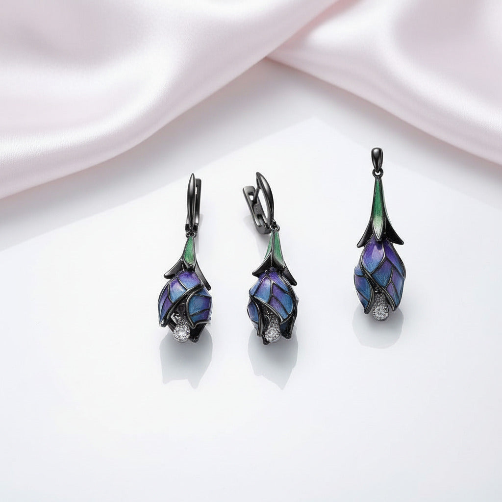Purple Enamel Flower Jewelry Set-Black Diamonds New York