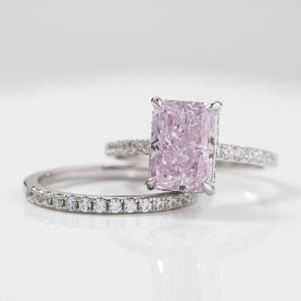 Radiant Cut Elegant Pink Stone Wedding Ring Set-Black Diamonds New York