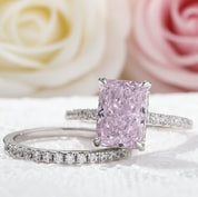 Radiant Cut Elegant Pink Stone Wedding Ring Set-Black Diamonds New York