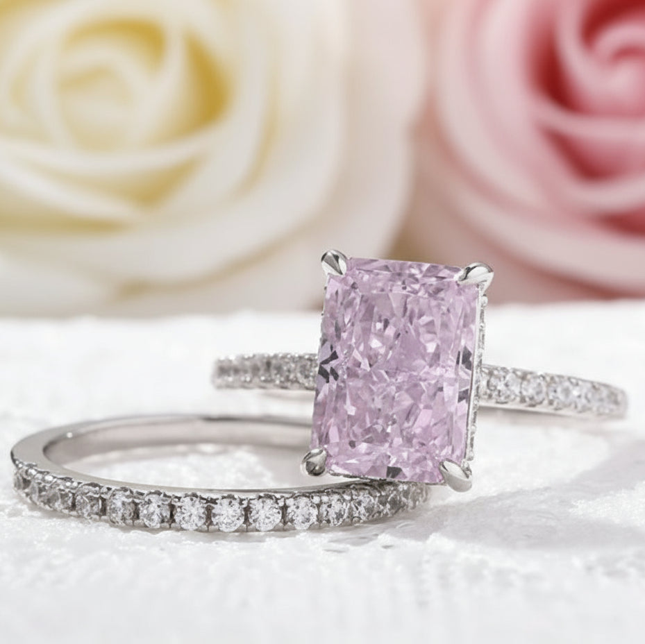 Radiant Cut Elegant Pink Stone Wedding Ring Set-Black Diamonds New York