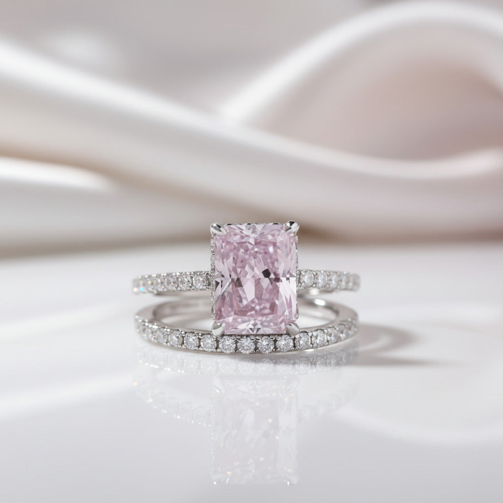 Radiant Cut Elegant Pink Stone Wedding Ring Set-Black Diamonds New York