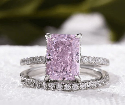 Radiant Cut Elegant Pink Stone Wedding Ring Set - Black Diamonds New York