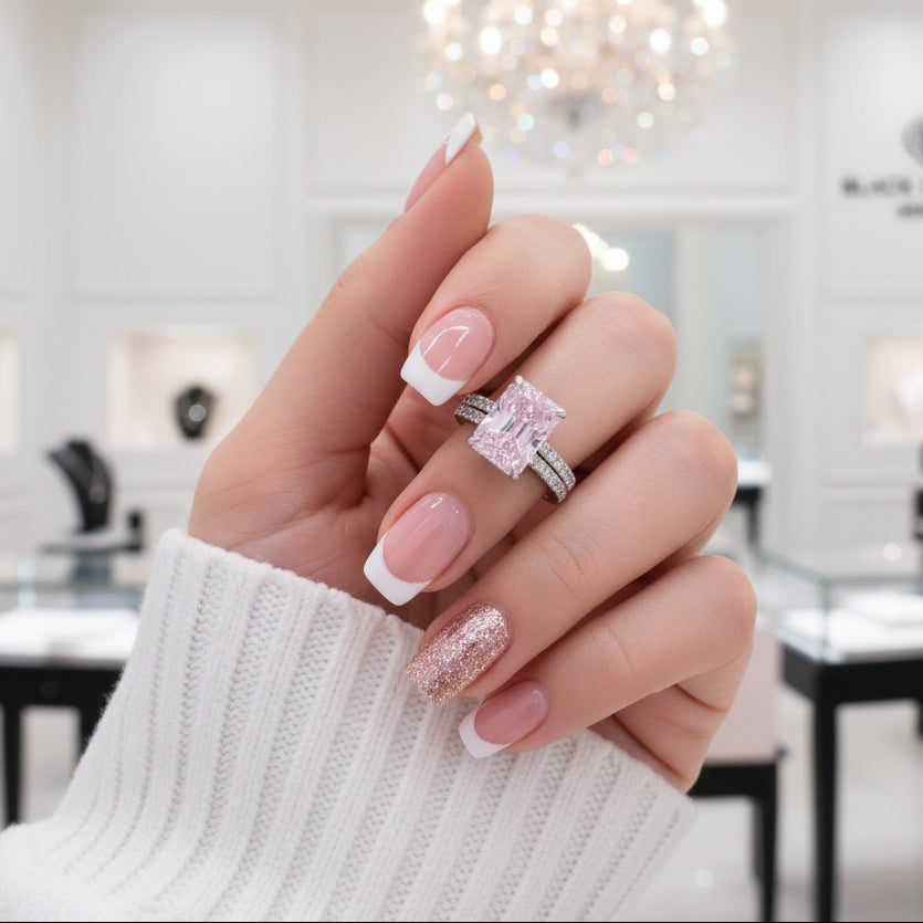 Radiant Cut Elegant Pink Stone Wedding Ring Set-Black Diamonds New York