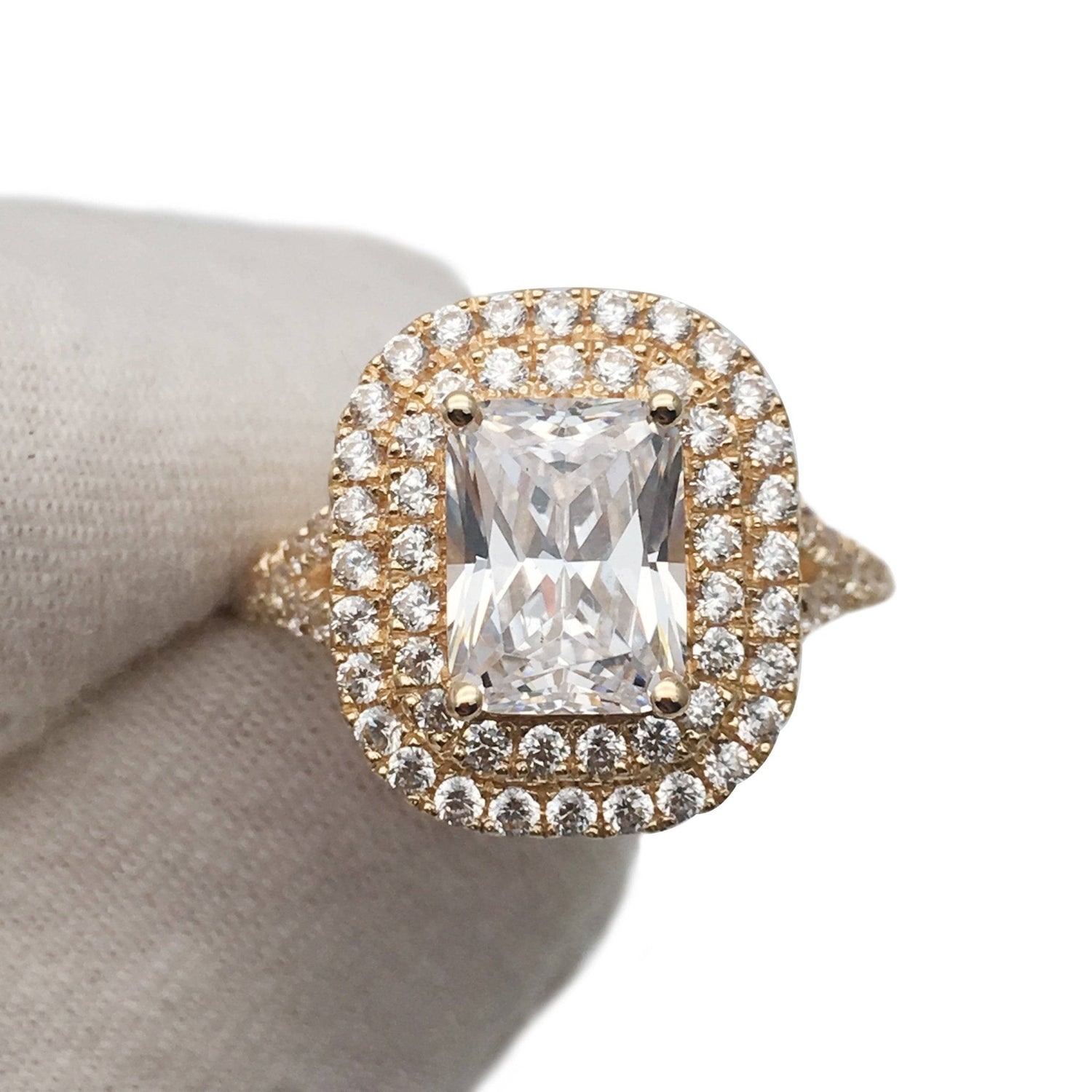 Emerald Cut Moissanite Vintage Double Halo Engagement Ring - Black Diamonds New York