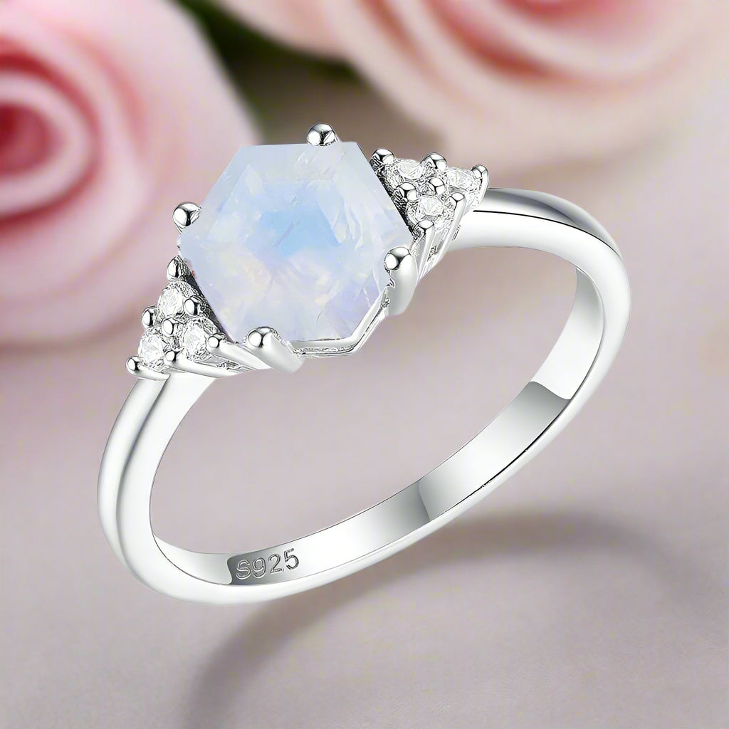 Rainbow Hexagon Moonstone Gemstone Ring-Black Diamonds New York
