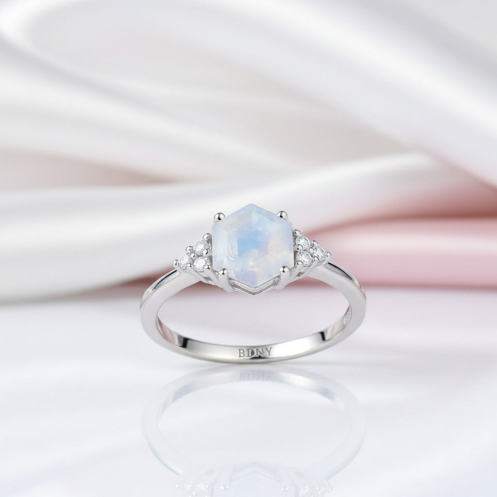 Rainbow Hexagon Moonstone Gemstone Ring-Black Diamonds New York
