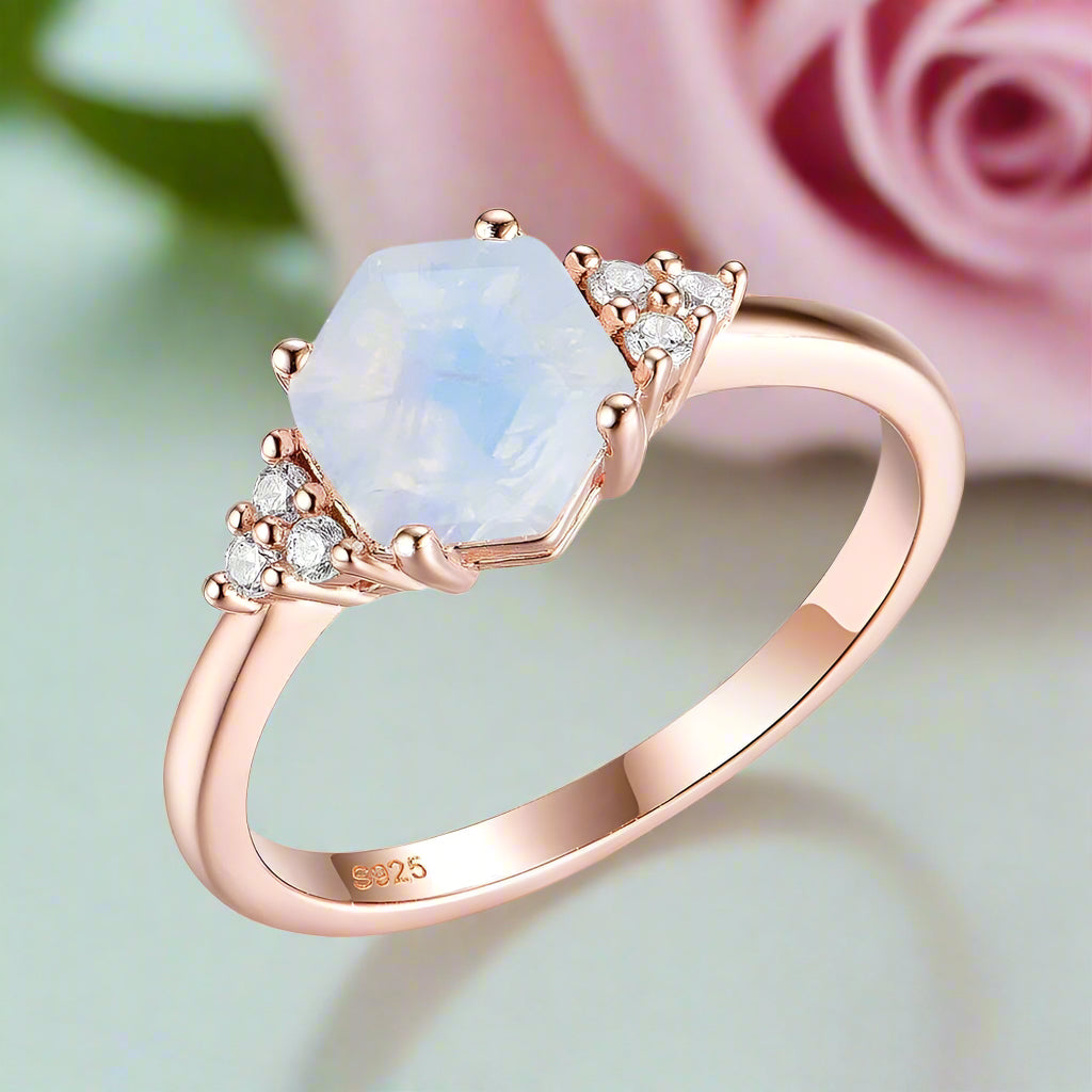 Rainbow Hexagon Moonstone Gemstone Ring-Black Diamonds New York