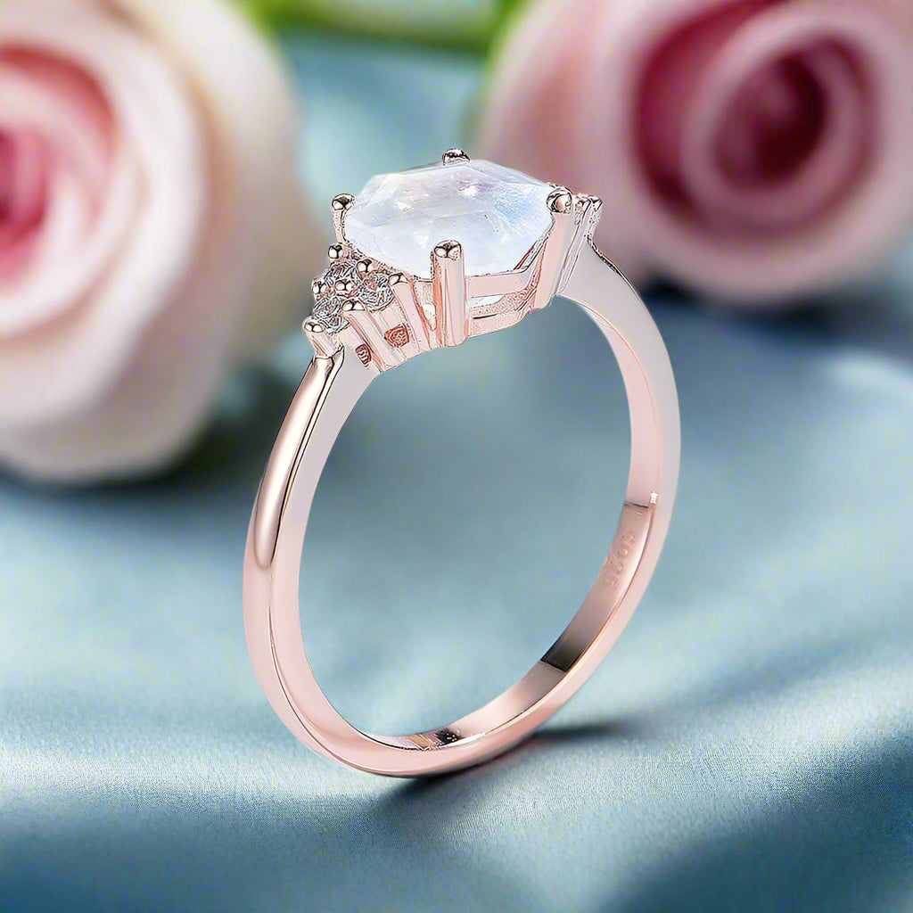 Rainbow Hexagon Moonstone Gemstone Ring-Black Diamonds New York