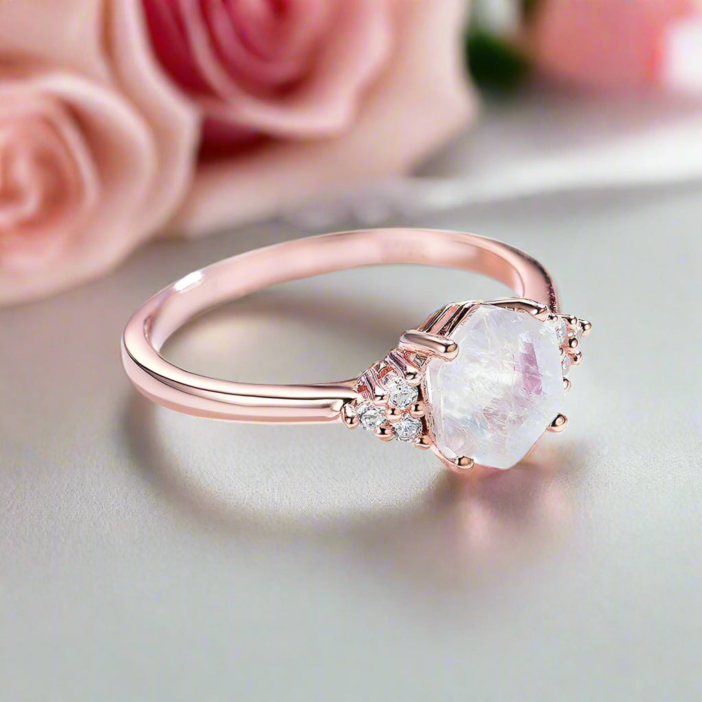 Rainbow Hexagon Moonstone Gemstone Ring-Black Diamonds New York