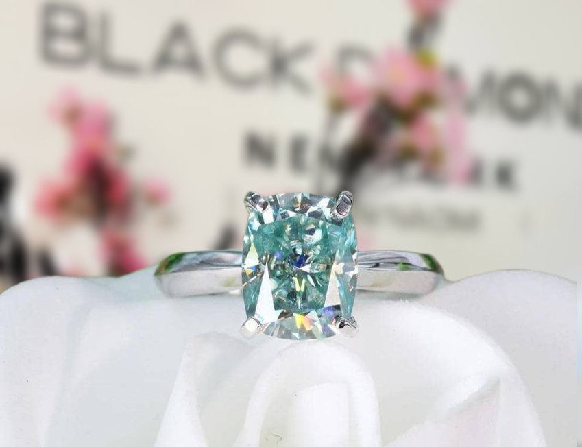 Rare Blue Green Cushion Cut Diamond Ring-Black Diamonds New York