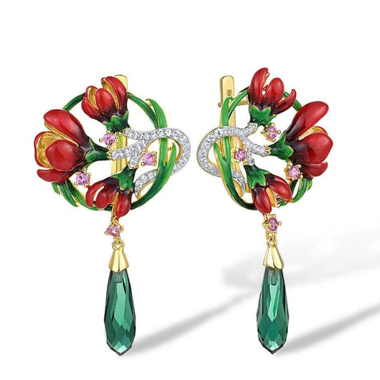 Red Enamel Flower Drop Earrings-Black Diamonds New York