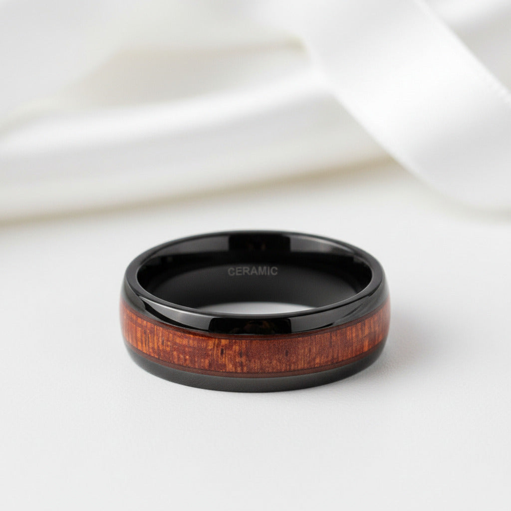 Red Wood Grain Men's Ceramic Wedding Band-Black Diamonds New York