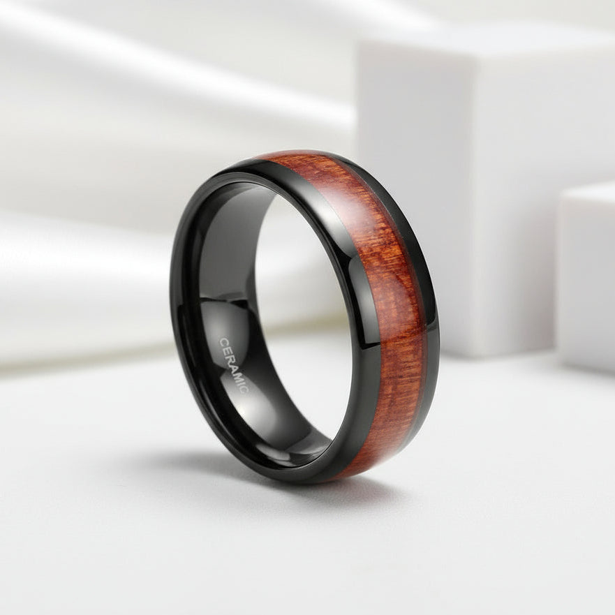 Red Wood Grain Men's Ceramic Wedding Band-Black Diamonds New York