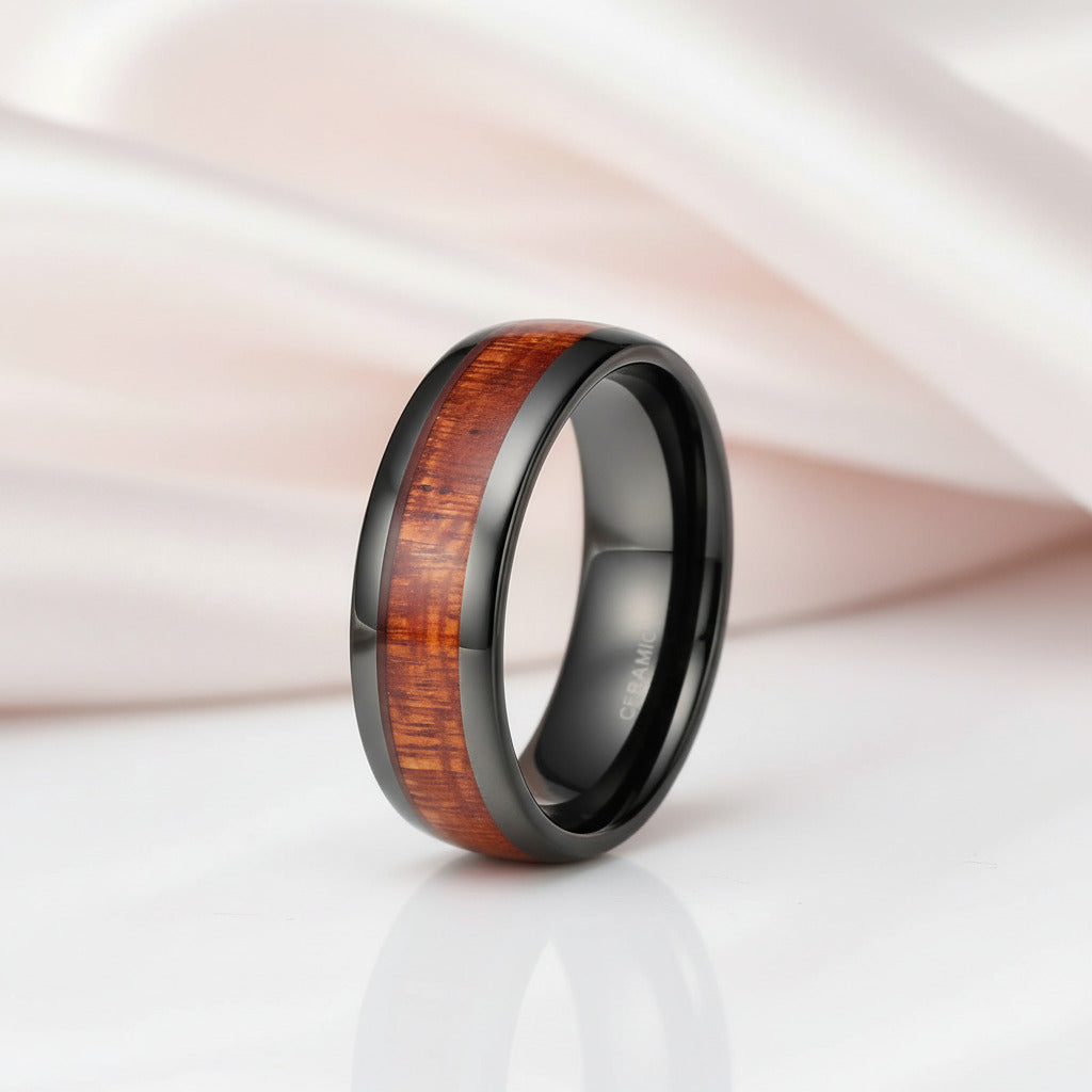 Red Wood Grain Men's Ceramic Wedding Band-Black Diamonds New York