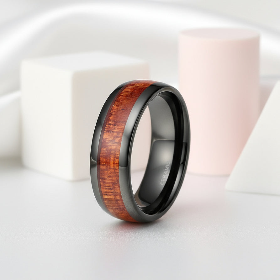 Red Wood Grain Men's Ceramic Wedding Band-Black Diamonds New York