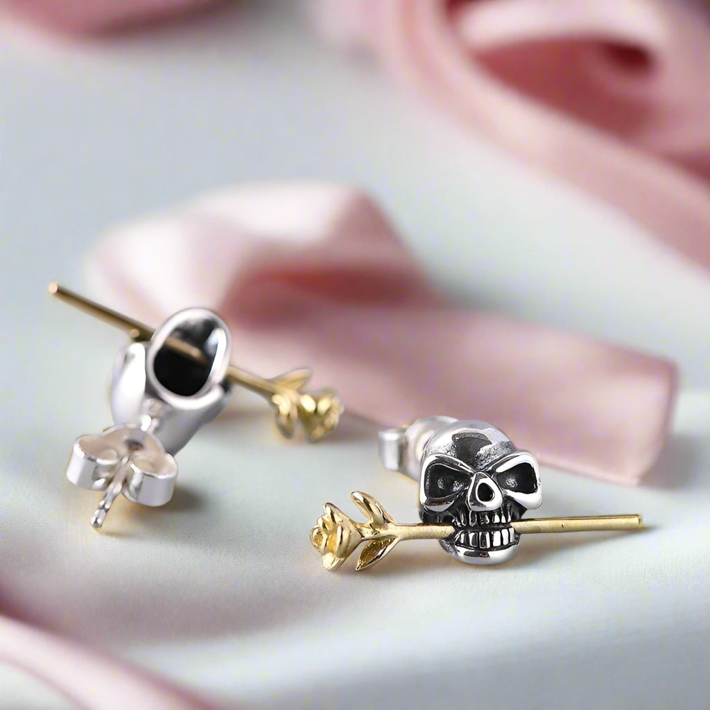 Retro Skull & Flower Stud Earrings-Black Diamonds New York