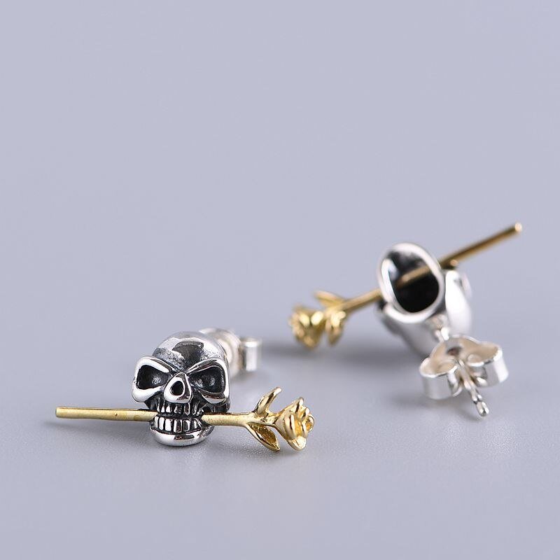 Retro Skull & Flower Stud Earrings-Black Diamonds New York