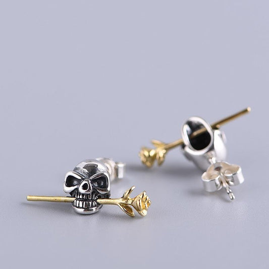 Retro Skull & Flower Stud Earrings