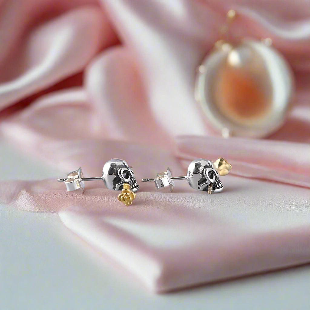 Retro Skull & Flower Stud Earrings-Black Diamonds New York
