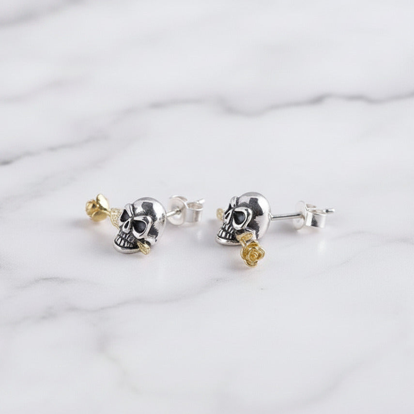 Retro Skull & Flower Stud Earrings-Black Diamonds New York