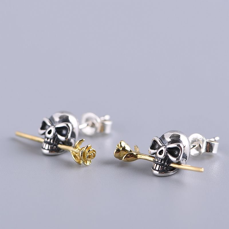 Retro Skull & Flower Stud Earrings-Black Diamonds New York