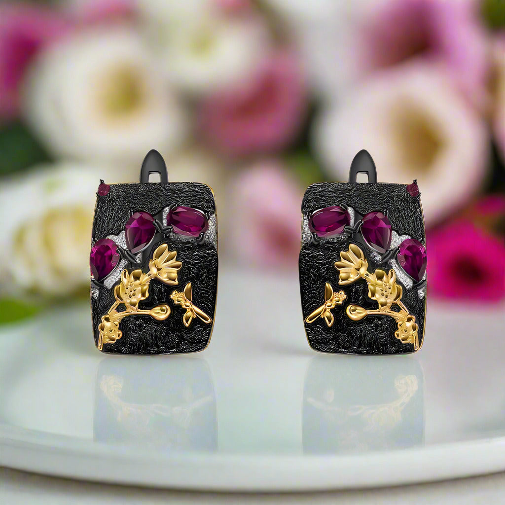 Rhodolite Garnet Humming Bee Flower Earrings-Black Diamonds New York