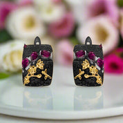Rhodolite Garnet Humming Bee Flower Earrings-Black Diamonds New York