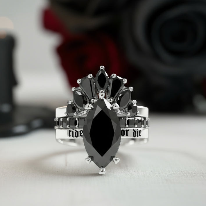 Ride or Die Wedding Rings- 2.5 Ct Marquise Cut Diamond Gothic Bridal Set in 14k White Gold-Black Diamonds New York