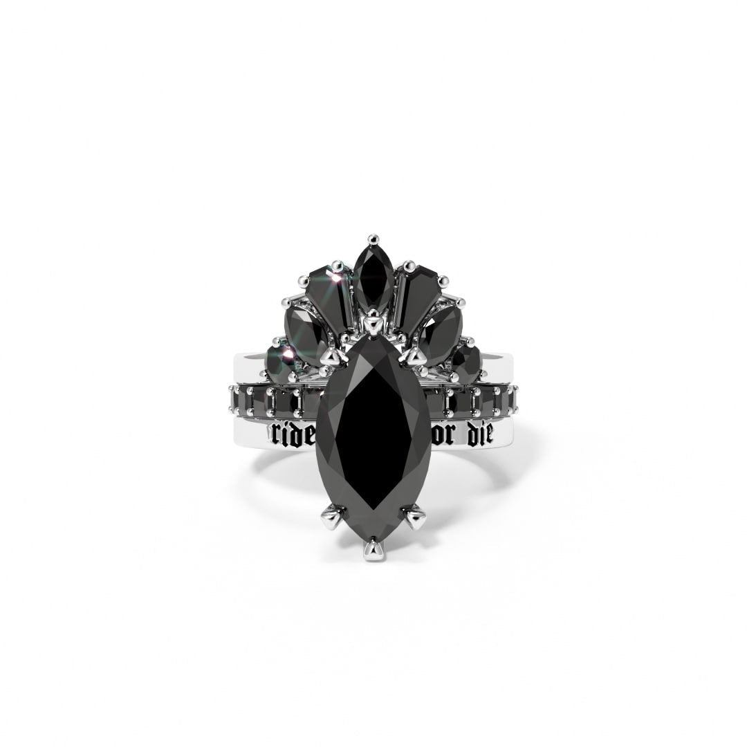 My Ride or Die Promise Rings- 2.5 ct Marquise Cut Diamond Gothic Bridal Set in 14k White Gold - Black Diamonds New York