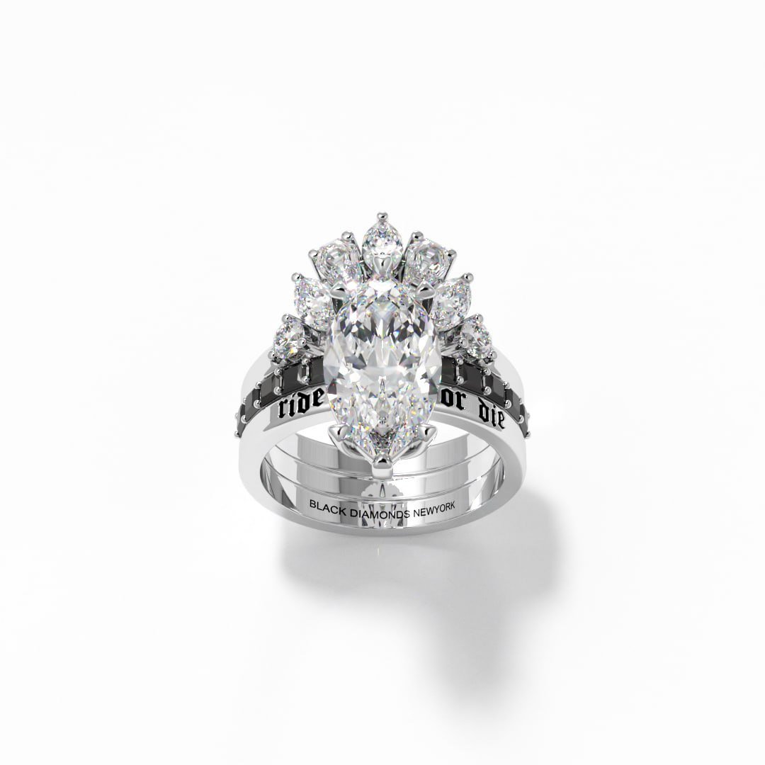 Ride or Die Wedding Rings- 2.5 ct Marquise Cut Diamond Gothic Bridal Set in 14k White Gold-Black Diamonds New York
