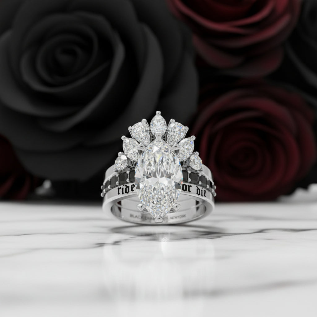 Ride or Die Wedding Rings- 2.5 Ct Marquise Cut Diamond Gothic Bridal Set in 14k White Gold-Black Diamonds New York