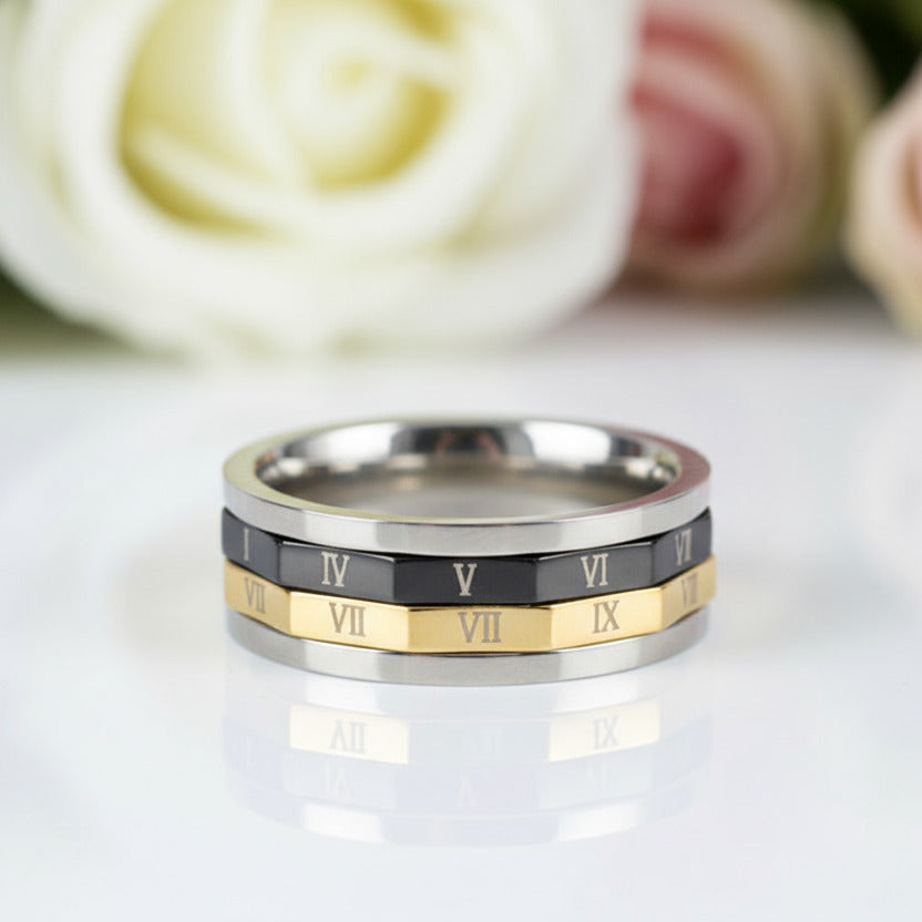 Roman Numbers Stainless Steel Rotatable Men's Ring Band-Black Diamonds New York