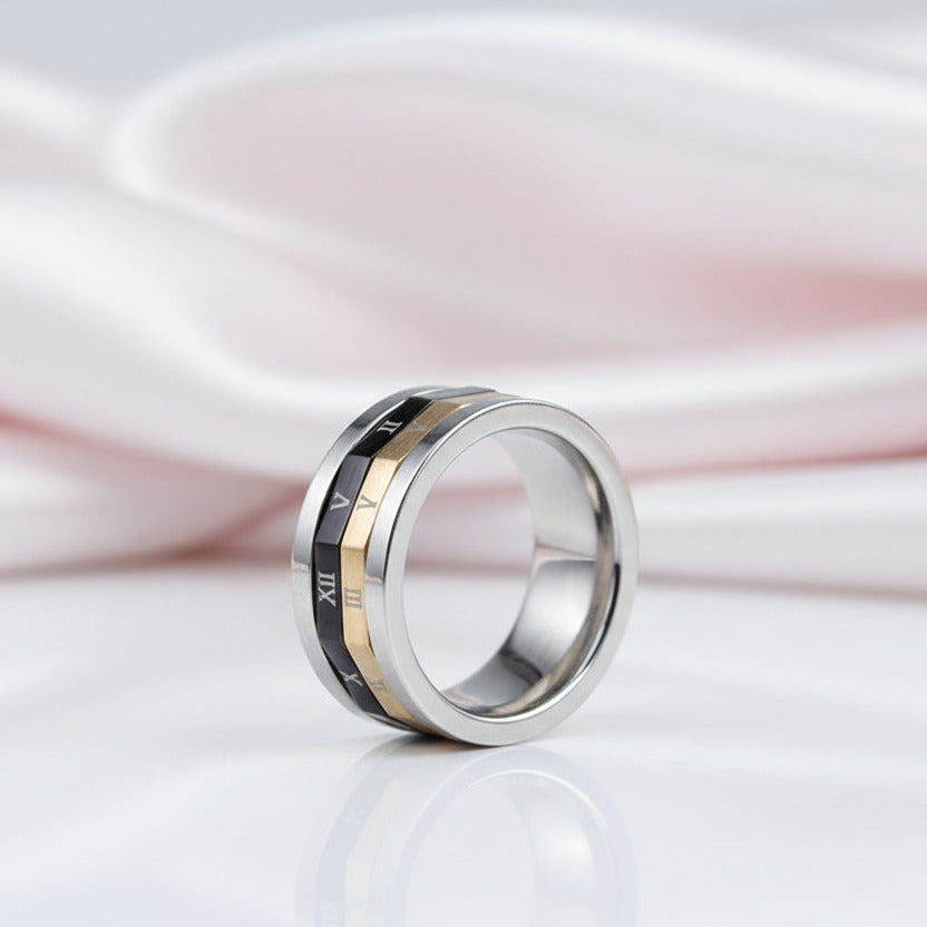 Roman Numbers Stainless Steel Rotatable Men's Ring Band-Black Diamonds New York