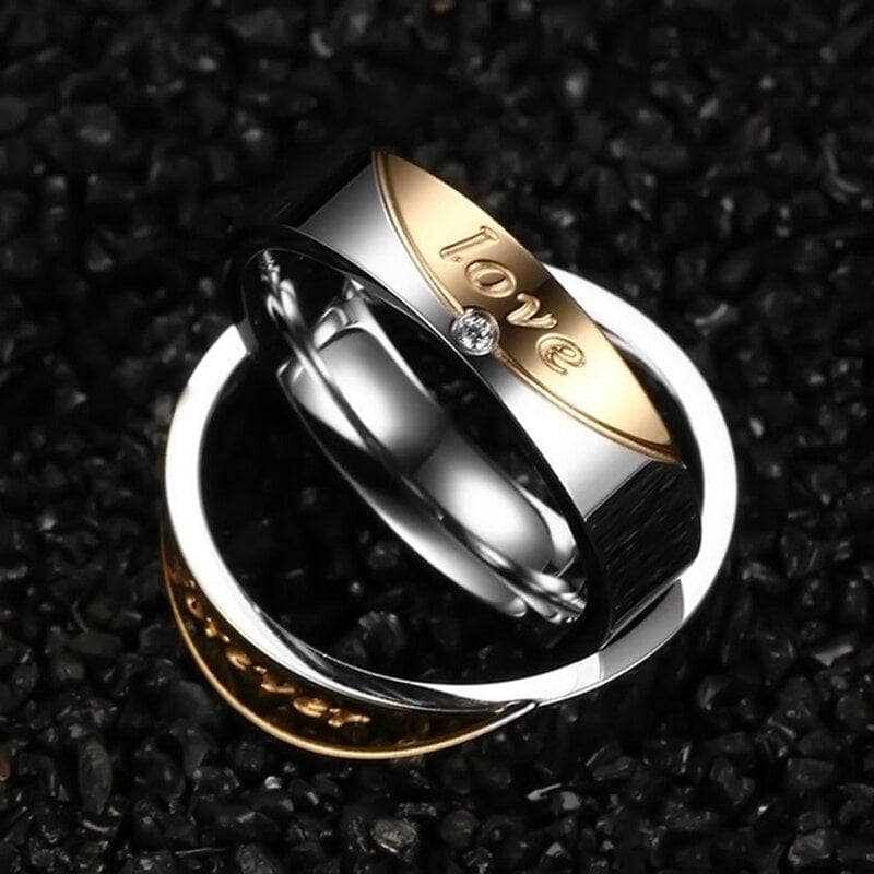 Romantic Gold & Silver Stainless Steel with Created Diamond Couple Wedding Band-Black Diamonds New York