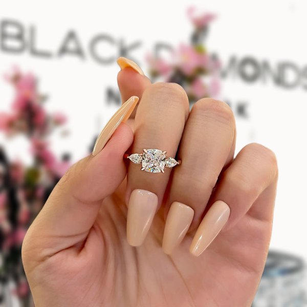 Rose Gold 2.0ct Cushion Cut Three Stone Moissanite Engagement Ring - Black Diamonds New York