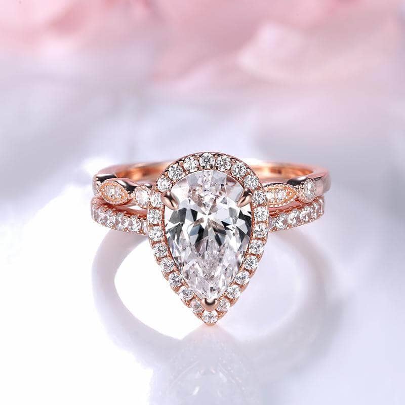 Rose Gold 2.2 Carat Halo Pear Cut White Sapphire Ring Set-Black Diamonds New York
