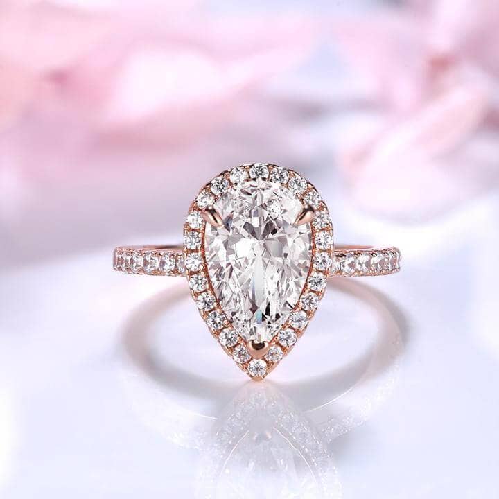 Rose Gold 2.2 Carat Halo Pear Cut White Sapphire Ring Set-Black Diamonds New York
