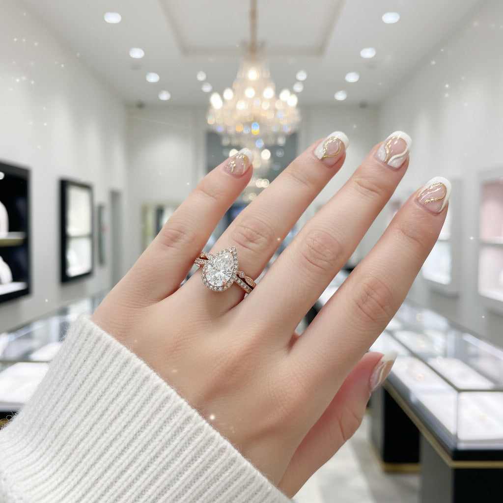 Rose Gold 2.2 Carat Halo Pear Cut White Sapphire Ring Set-Black Diamonds New York