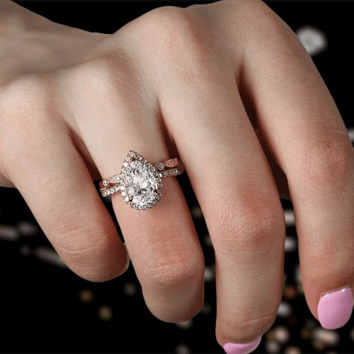 Rose Gold 2.2 Carat Halo Pear Cut White Sapphire Ring Set - Black Diamonds New York