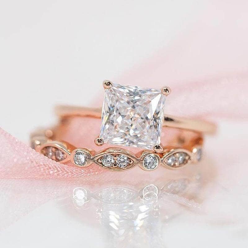 Rose Gold 2.5 Carat Princess Cut Engagement Ring Set-Black Diamonds New York