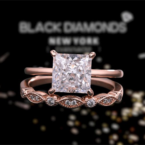 Rose Gold 2.5 Carat Princess Cut Engagement Ring Set - Black Diamonds New York
