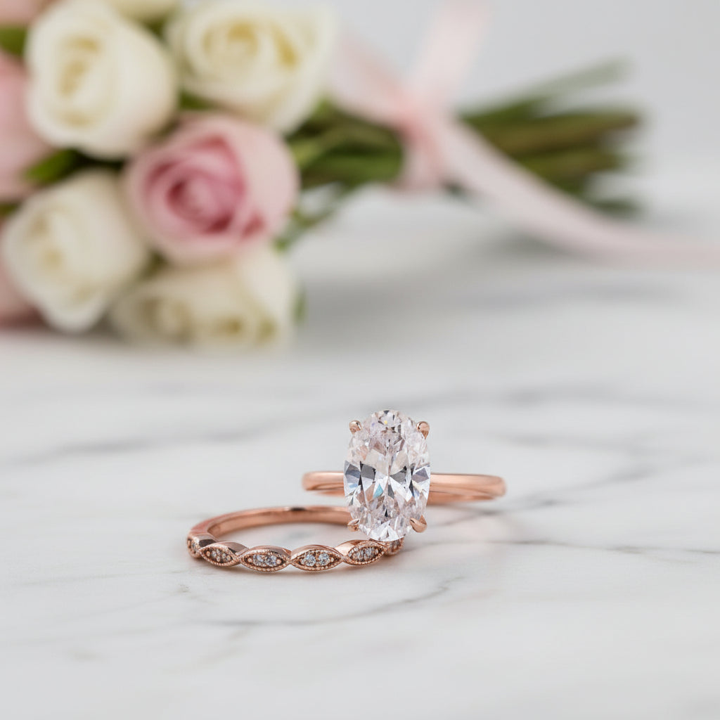 Rose Gold 3.50ct Oval Cut Solitaire Wedding Set-Black Diamonds New York